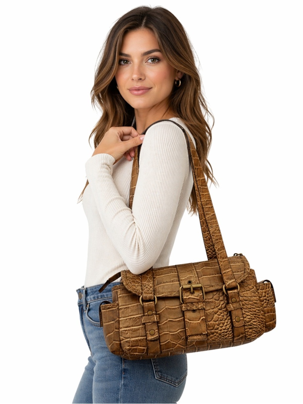 Croc-Embossed Brown Shoulder Bag